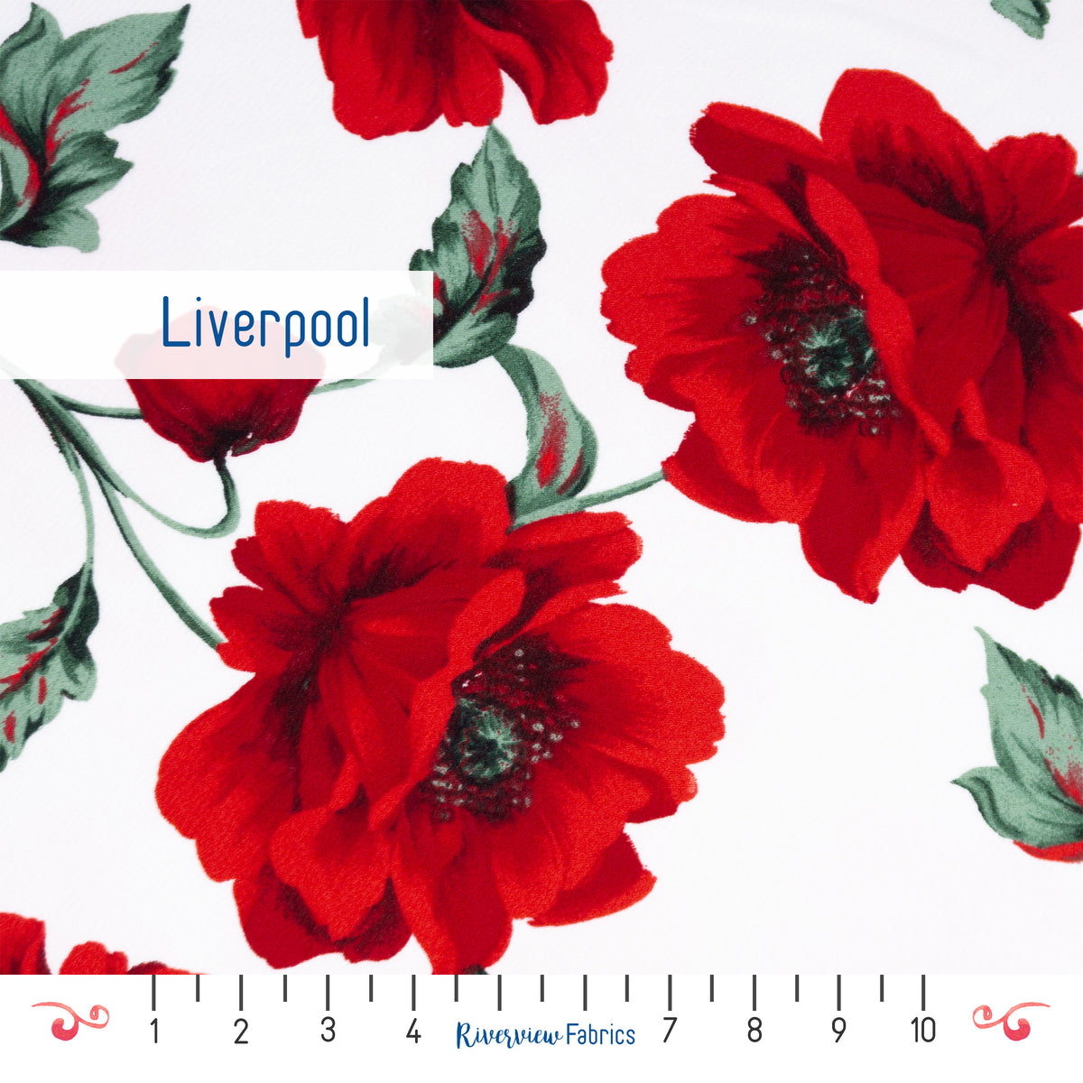Floral Liverpool Fabric By the Half Yard - White/Red