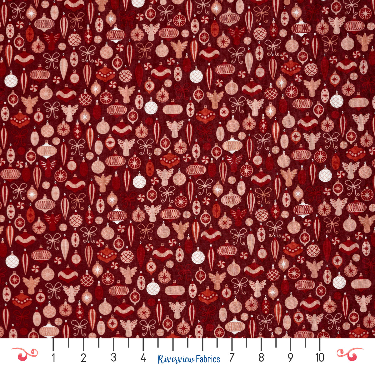 Christmas Ornaments Fabric By the Half Yard - Red