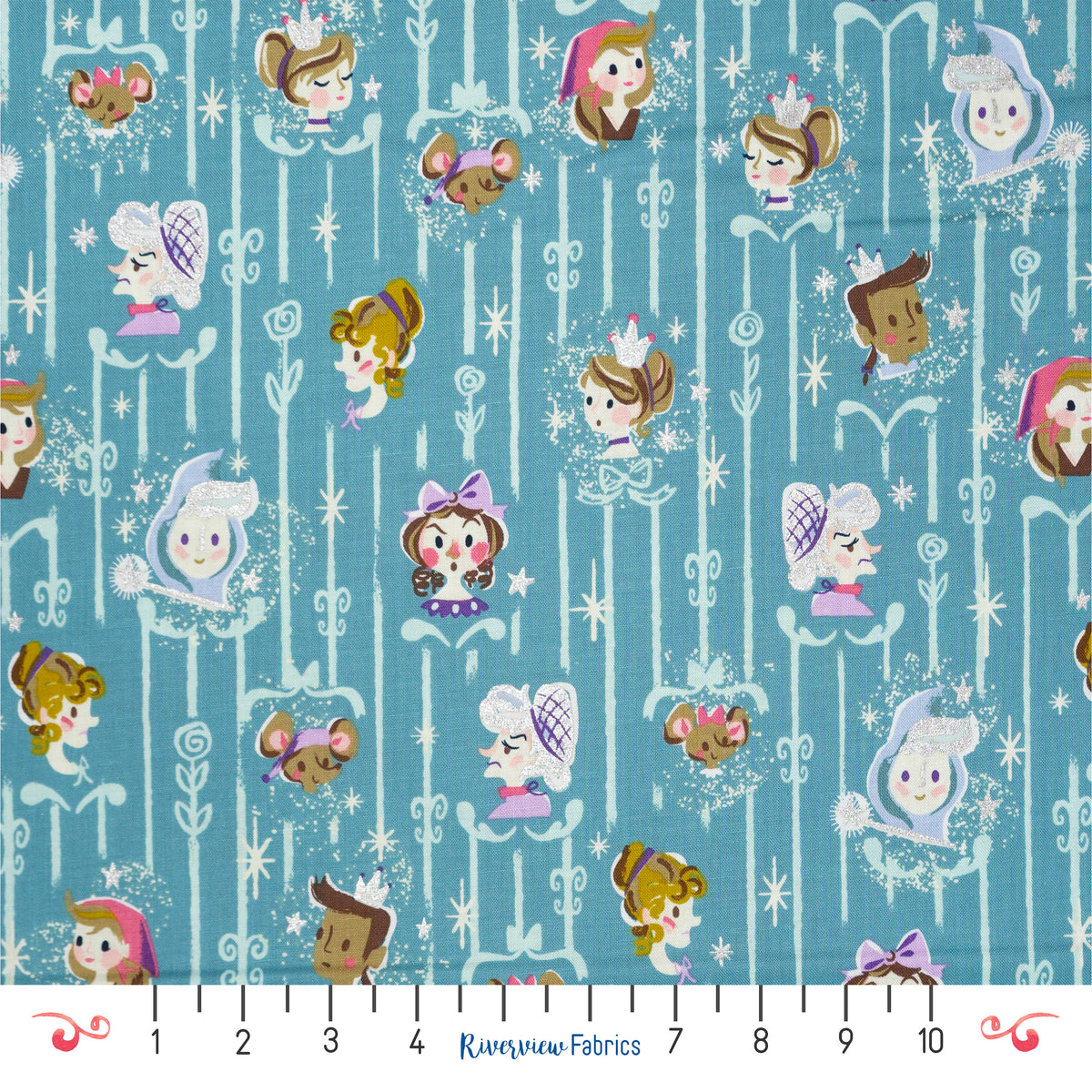 Cinderella Characters Fabric by the Half Yard - Teal