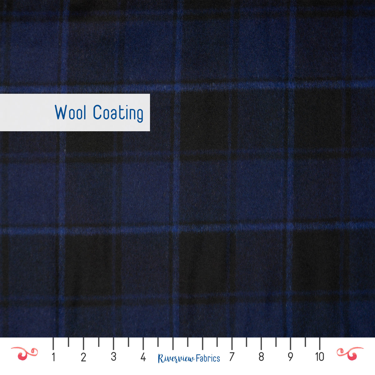 Plaid Wool Blend Fabric by the Half Yard, Navy Blue/Black