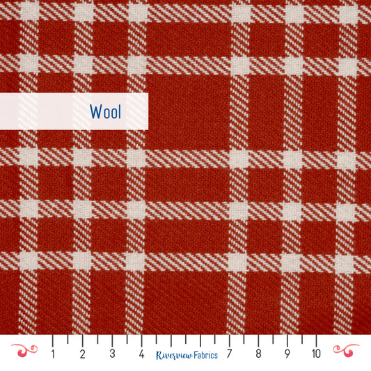 Plaid Wool Blend Fabric By the Half Yard, Red and White
