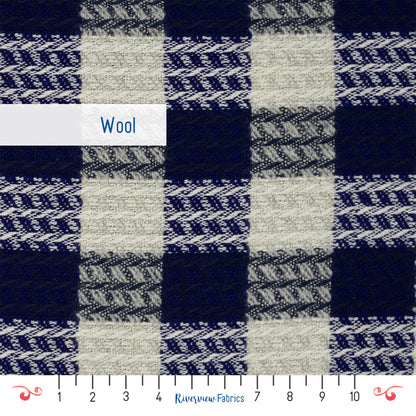 Checked Wool Blend Fabric By the Half Yard, Blue and Cream