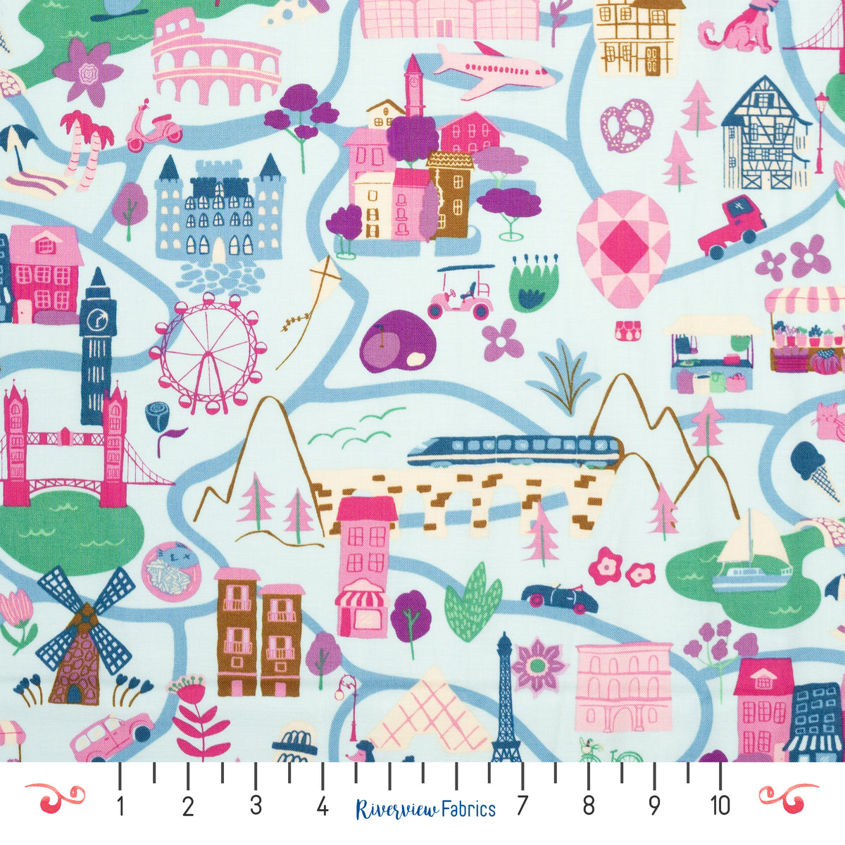 Travel Fabric By the Half Yard - Blue