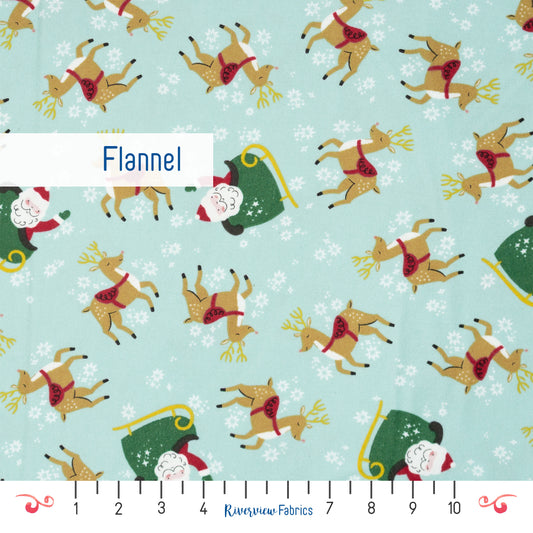 Santa and Reindeer Flannel By the Half Yard, Blue
