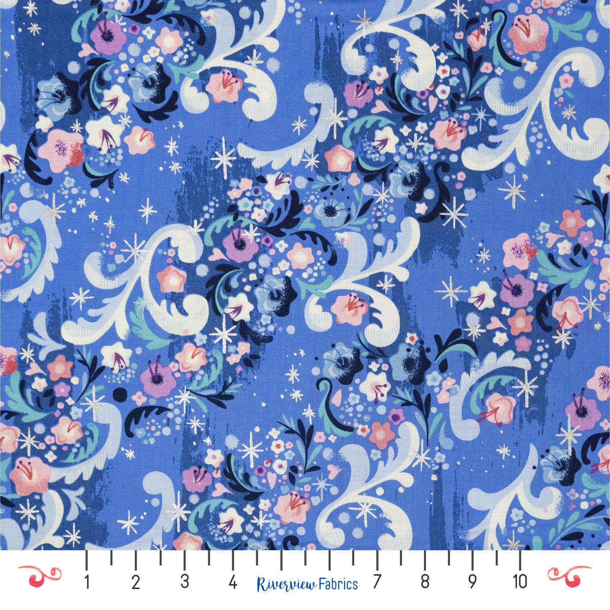 Floral Stripes Fabric by the Half Yard - Blue