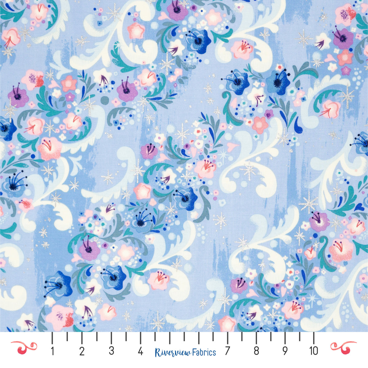 Floral Stripes Fabric by the Half Yard - Light Blue