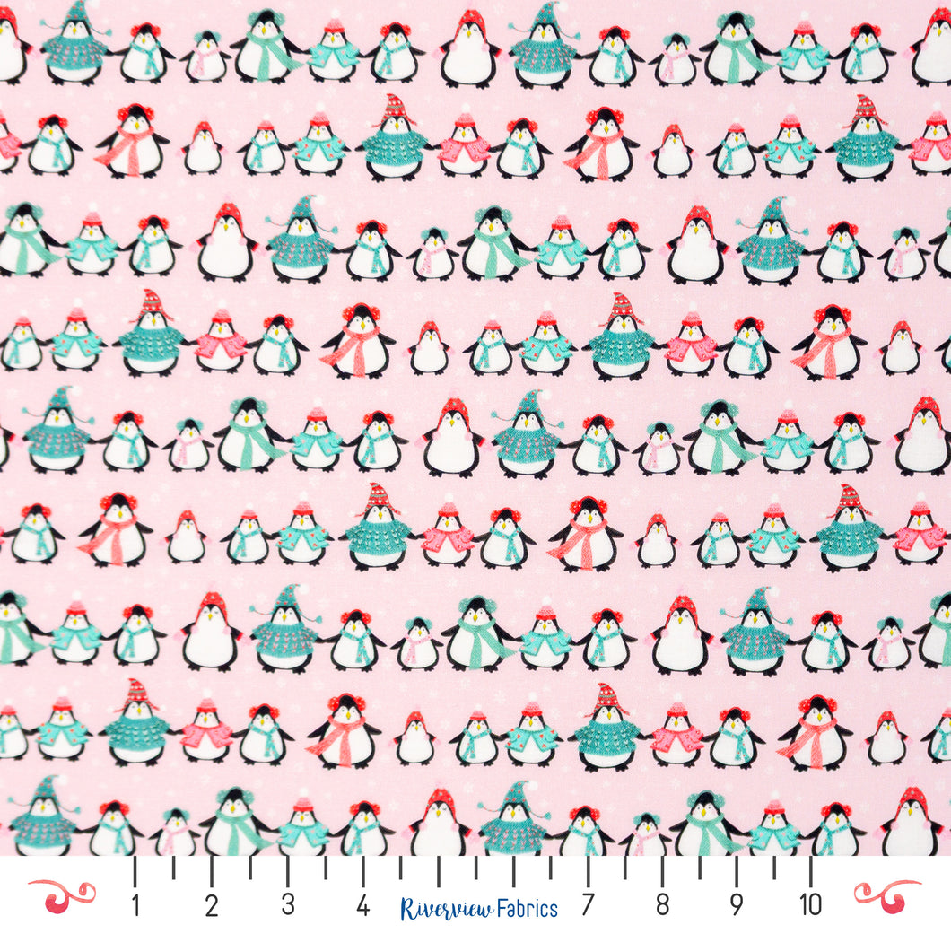 Penguins Quilting Cotton Fabric by the Yard, Pink, Sleigh It Ain't Snow Collection, Dear Stella