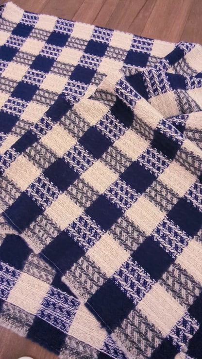 Checked Wool Blend Fabric By the Half Yard, Blue and Cream
