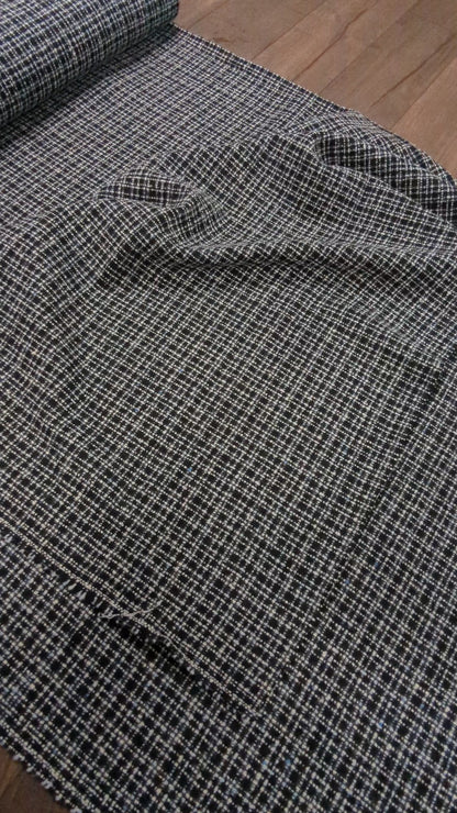 Italian Designer Wool Graphite Spark Tweed Fabric By the Half Yard, Black, Cream, Blue