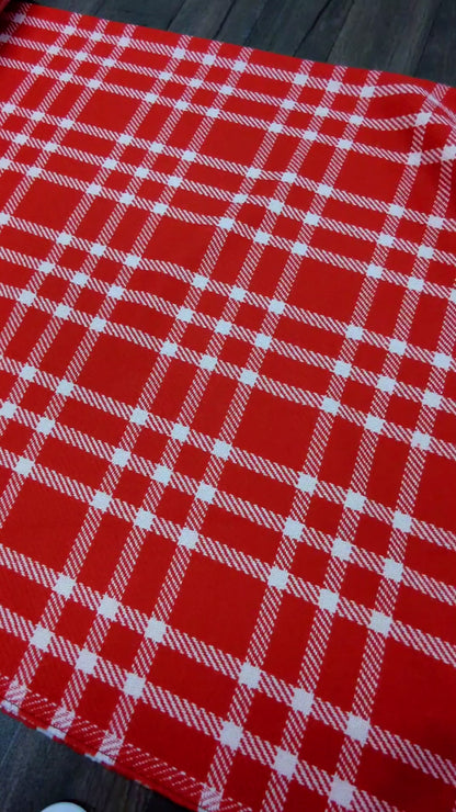 Plaid Wool Blend Fabric By the Half Yard, Red and White